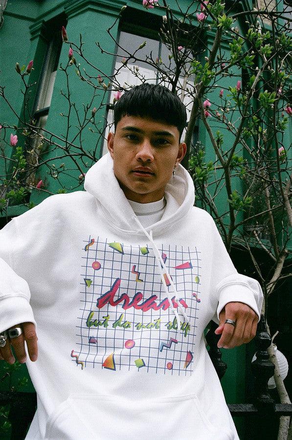 90s Grid Design Printed On A White Cotton Hoodie - Dreambutdonotsleep