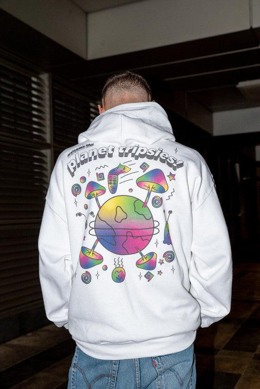 Heavyweight Hoodie in White with Planet Tripsies Print - Dreambutdonotsleep