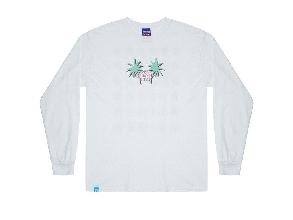 Long Sleeved T-shirt In White With Tropical Palm Tree Print - Dreambutdonotsleep