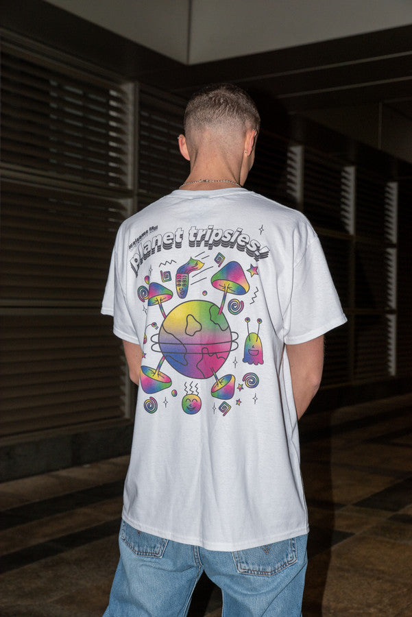 Short Sleeved T-shirt in White with Planet Tripsies Print