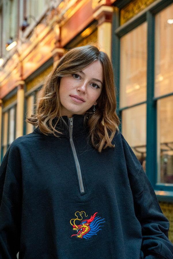 1-4 Zip Sweatshirt in Black With Chinese Dragon Embroidery - Dreambutdonotsleep