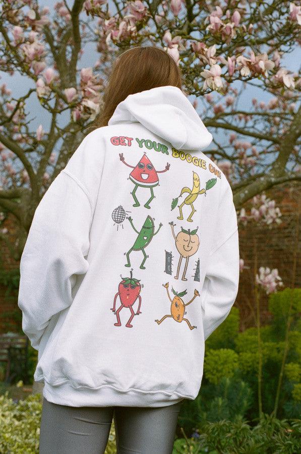 Hoodie In White With Fruity Ravers Print - Dreambutdonotsleep