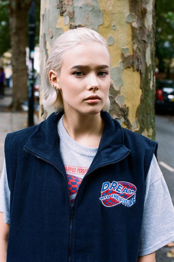 Navy Blue Fleece Gilet With Dream Into The Future Embroidery - Dreambutdonotsleep