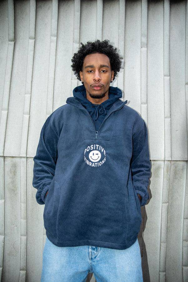 Navy Fleece 90s Rave Smiley Positive Vibrations Embroidery - Dreambutdonotsleep