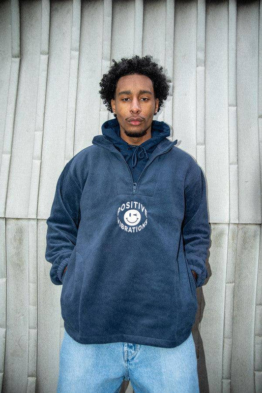 Navy Fleece 90s Rave Smiley Positive Vibrations Embroidery - Dreambutdonotsleep