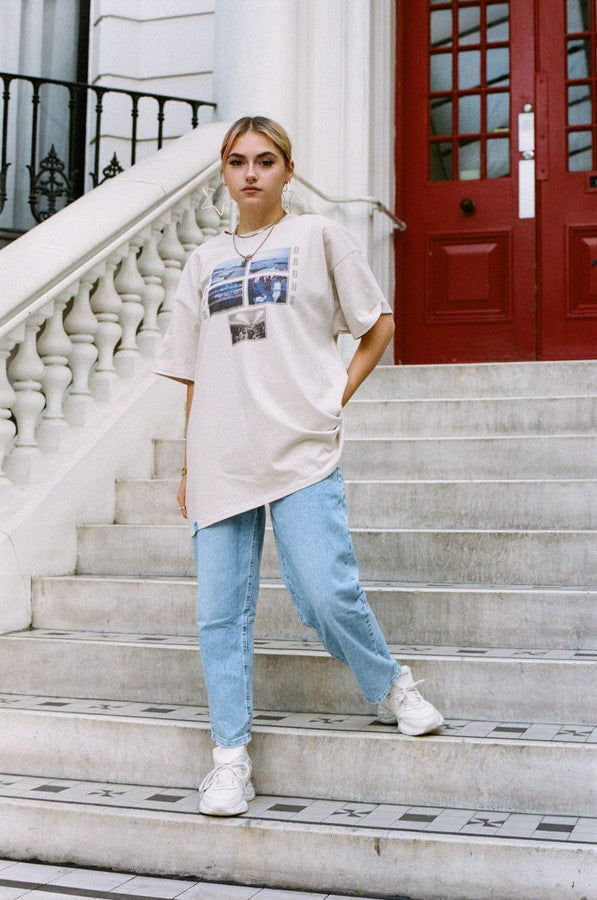 Short Sleeved T-shirt In Sand with Festival Photo Print