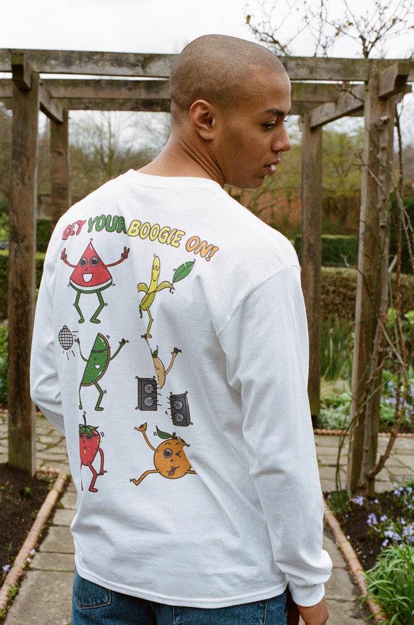 Long Sleeved T-shirt In White With Fruity Ravers Print - Dreambutdonotsleep