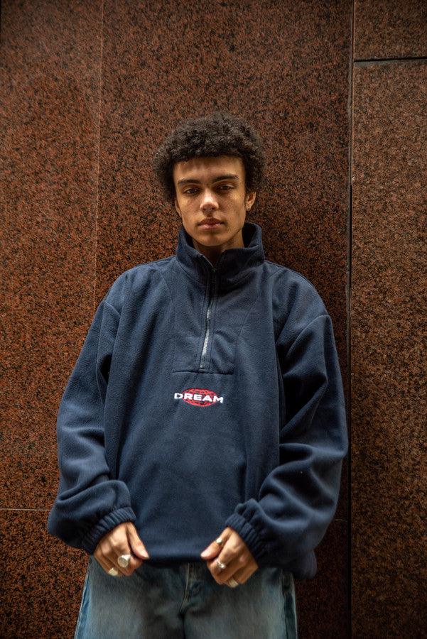 Fleece In Navy With Dream Globe Embroidery - Dreambutdonotsleep
