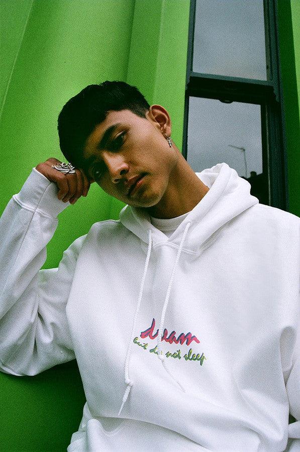 90s Logo Design On White Hoodie - Dreambutdonotsleep