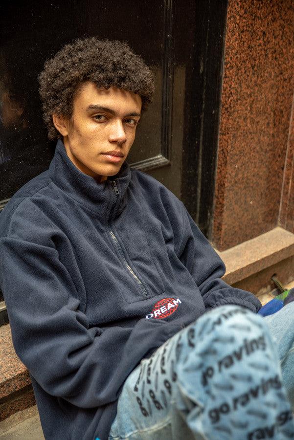 Fleece In Navy With Dream Globe Embroidery - Dreambutdonotsleep