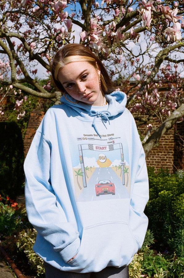 Hoodie In Light Blue With Drive In To The Sunset Print - Dreambutdonotsleep