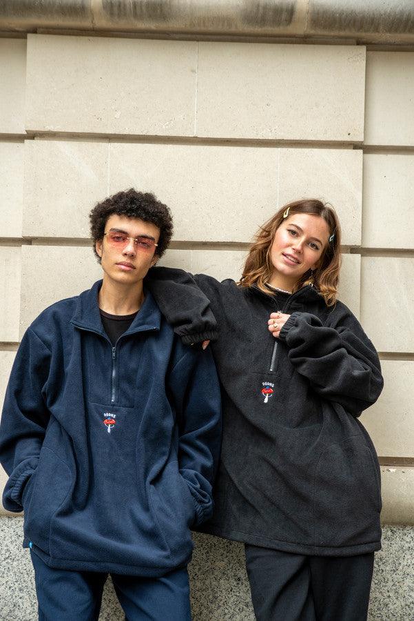 Fleece In Black With Bro Shroom Embroidery - Dreambutdonotsleep