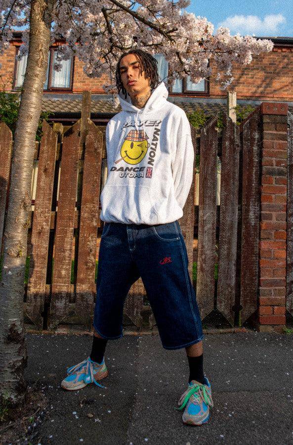 Heavyweight Hoodie in White With Rave Nation Print - Dreambutdonotsleep