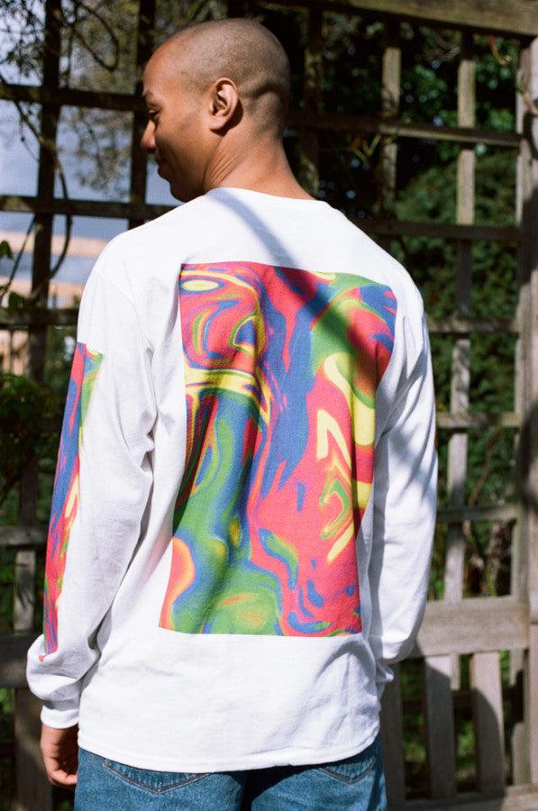 Long Sleeved T-shirt In White With Trippy Festival Print - Dreambutdonotsleep