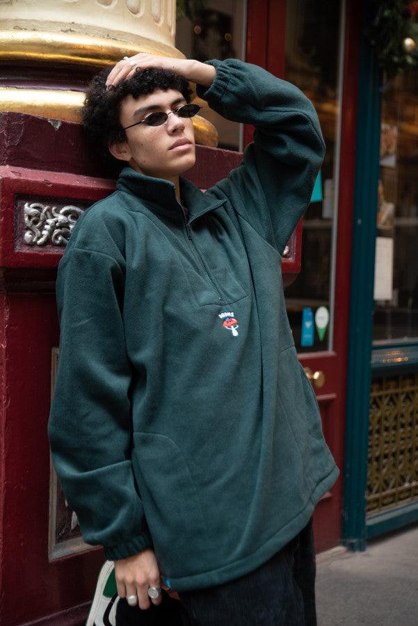 Fleece In Green With Bro Shroom Embroidery - Dreambutdonotsleep
