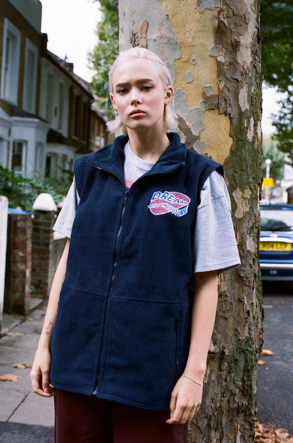 Navy Blue Fleece Gilet With Dream Into The Future Embroidery - Dreambutdonotsleep