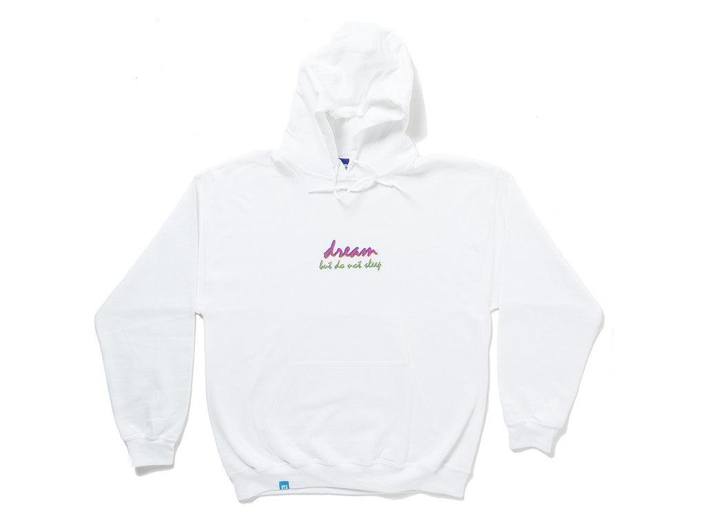 90s Logo Design On White Hoodie - Dreambutdonotsleep