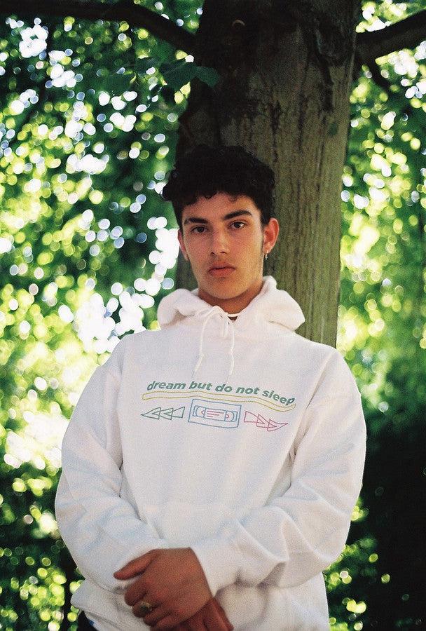 White Cotton Hoodie With Printed 80's VHS Design - Dreambutdonotsleep