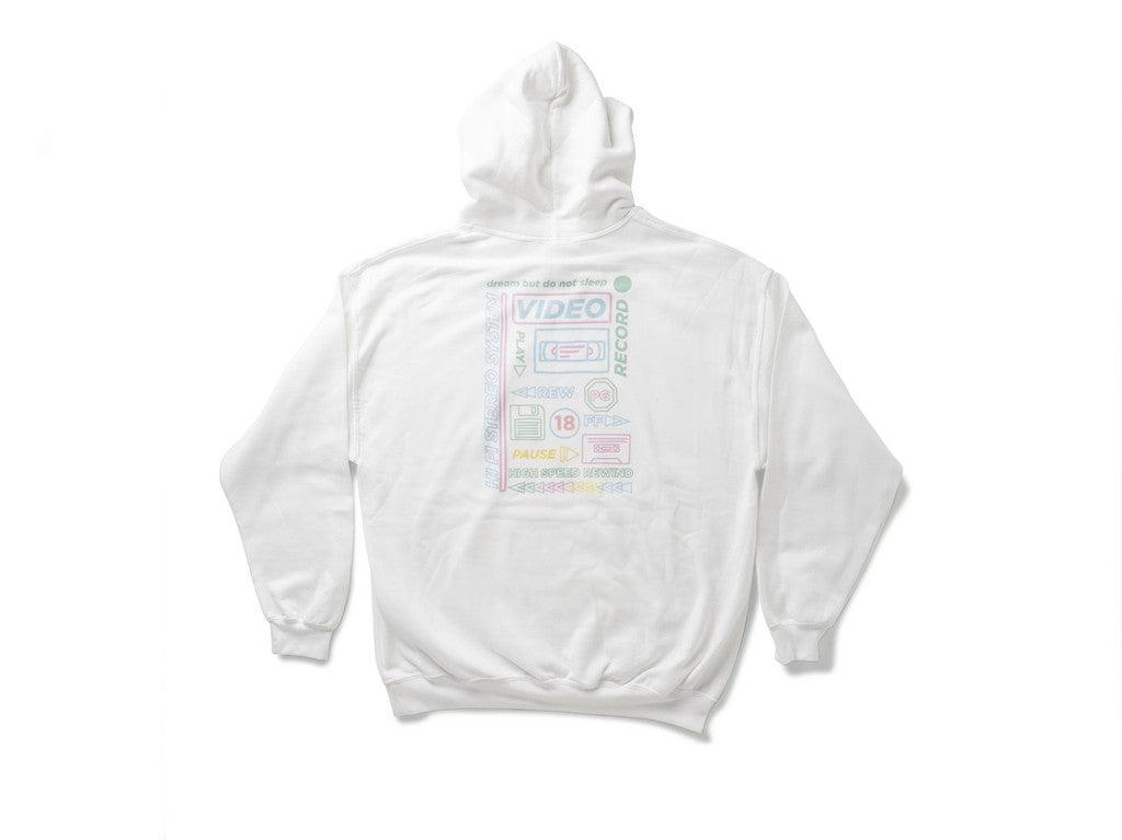 White Cotton Hoodie With Printed 80's VHS Design - Dreambutdonotsleep