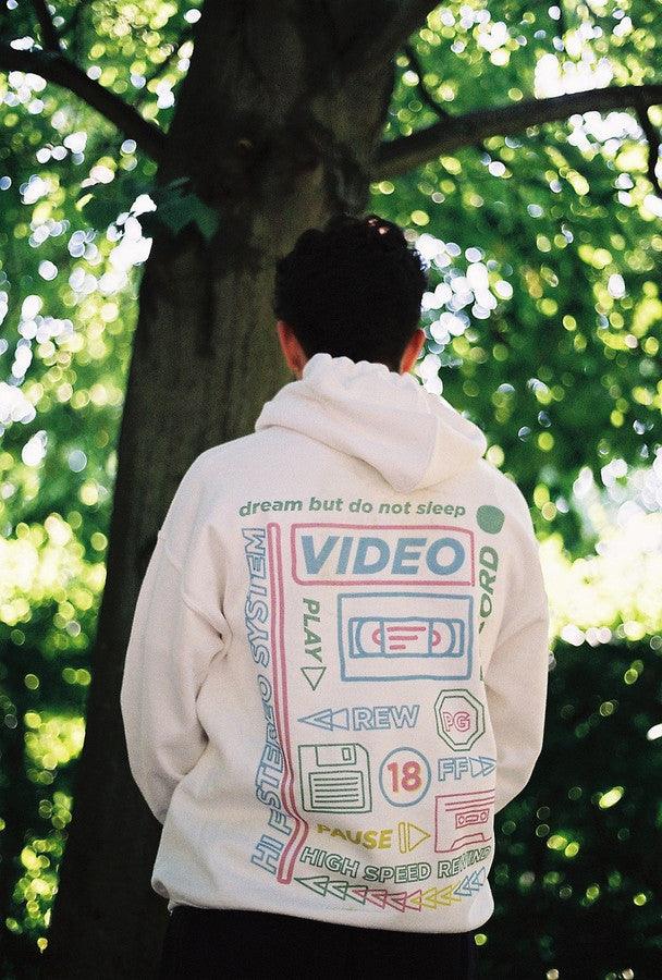 White Cotton Hoodie With Printed 80's VHS Design - Dreambutdonotsleep