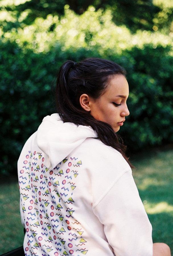 White Hoodie With 80's Geometric Design.