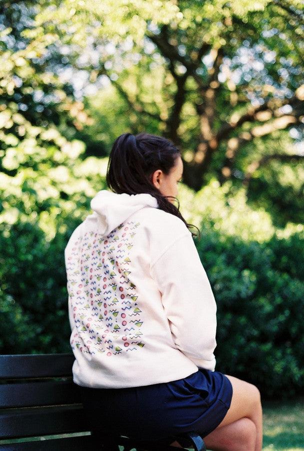 White Hoodie With 80's Geometric Design.