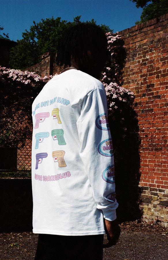 White Long Sleeved T-shirt Super Soaker Print - Dreambutdonotsleep