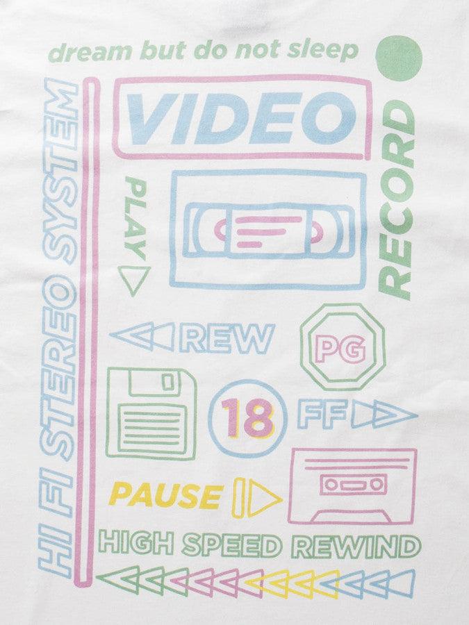 White Long Sleeved T-shirt With 80's VHS Design.