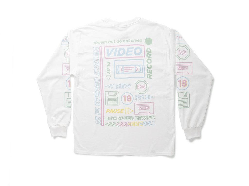 White Long Sleeved T-shirt With 80's VHS Design.