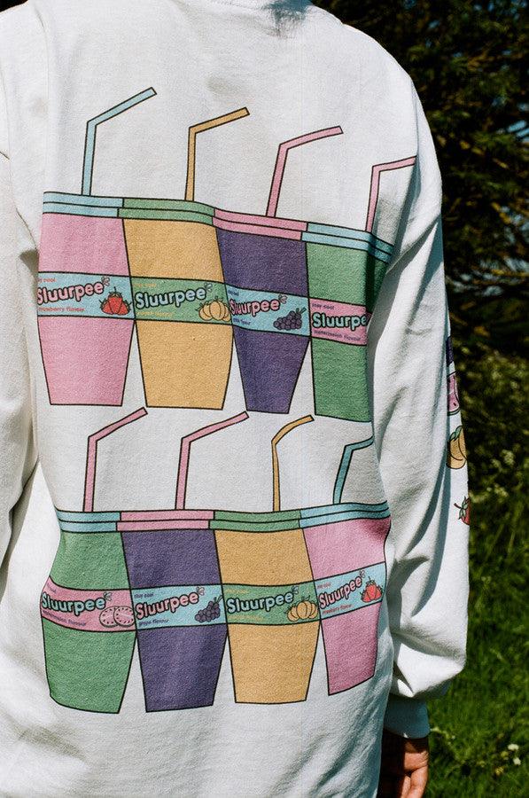 White Long Sleeved T-shirt With Printed Sluurpee Design - Dreambutdonotsleep