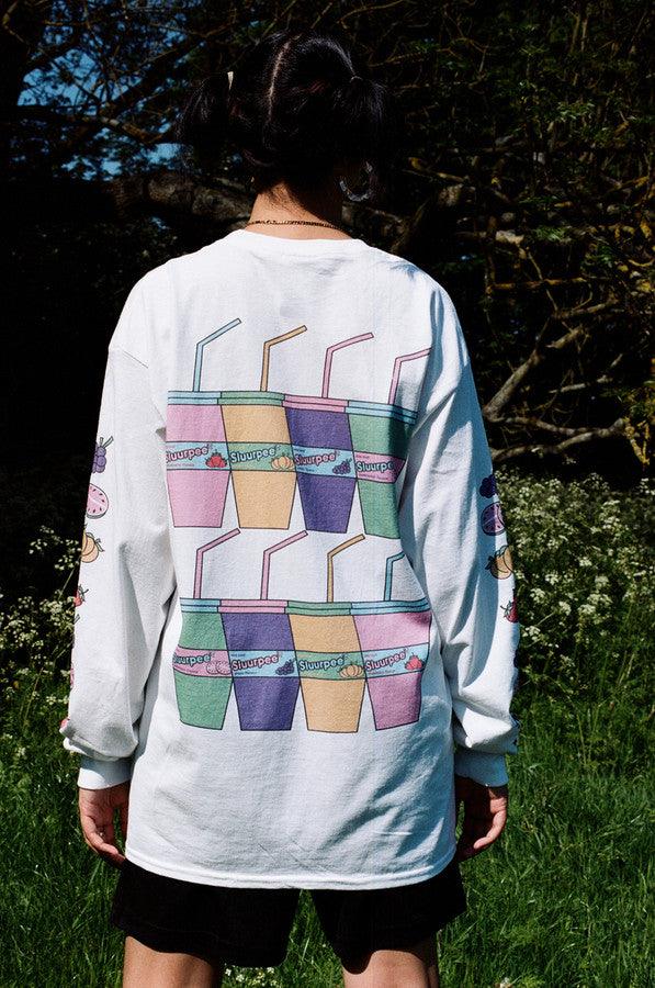 White Long Sleeved T-shirt With Printed Sluurpee Design - Dreambutdonotsleep