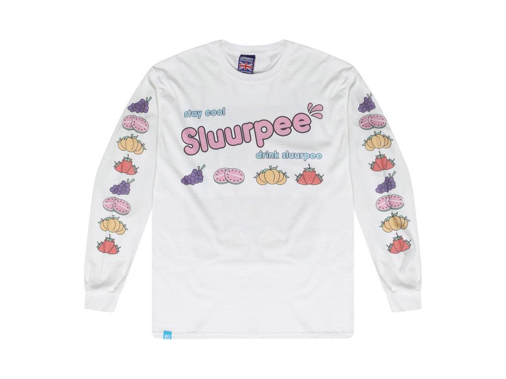 White Long Sleeved T-shirt With Printed Sluurpee Design - Dreambutdonotsleep