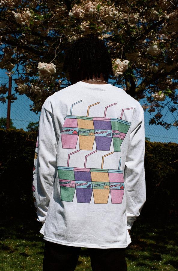 White Long Sleeved T-shirt With Printed Sluurpee Design - Dreambutdonotsleep