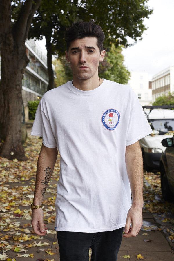 White Short Sleeved T-Shirt With Free Range Chicken Shop Print.