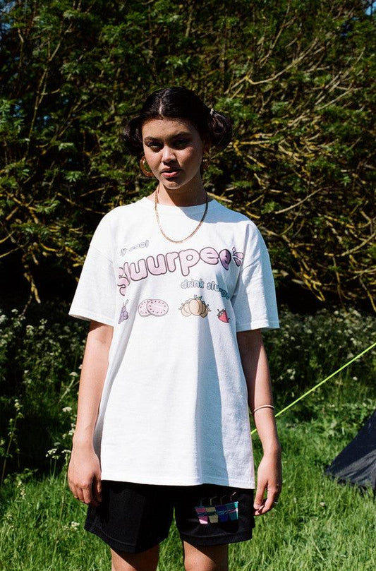 White Short Sleeved T-shirt With Sluurpee Design - Dreambutdonotsleep