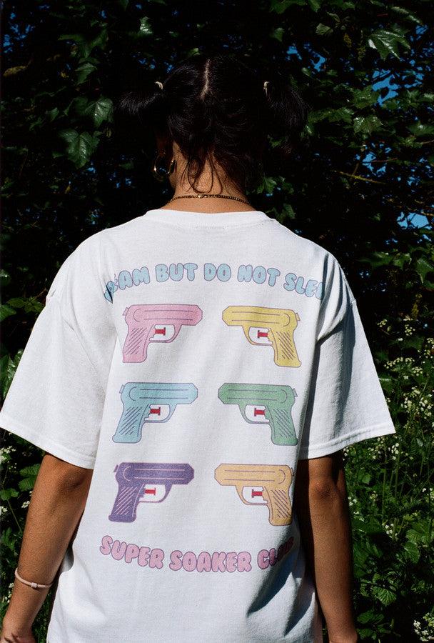 White Short Sleeved T-shirt With Super Soaker Print - Dreambutdonotsleep