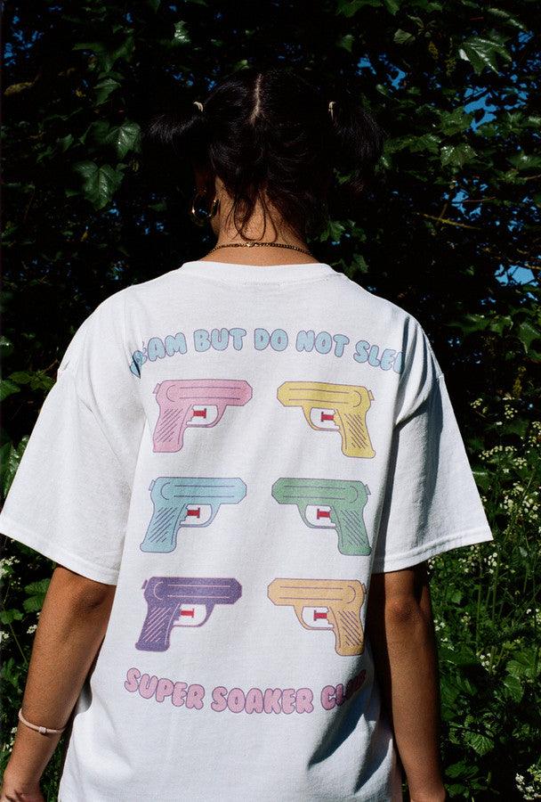 White Short Sleeved T-shirt  With Super Soaker Print - Dreambutdonotsleep