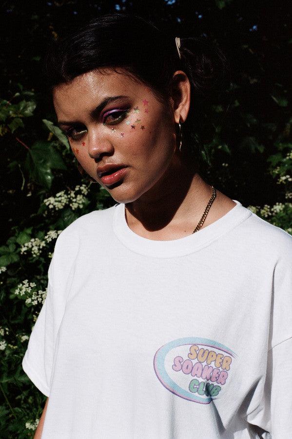 White Short Sleeved T-shirt  With Super Soaker Print - Dreambutdonotsleep