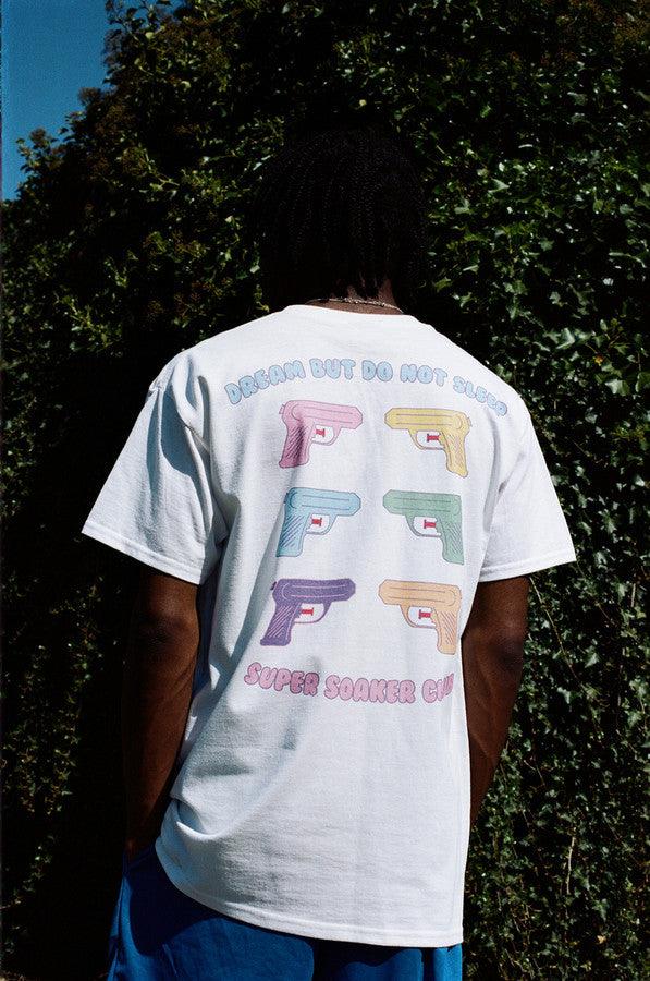 White Short Sleeved T-shirt With Super Soaker Print - Dreambutdonotsleep