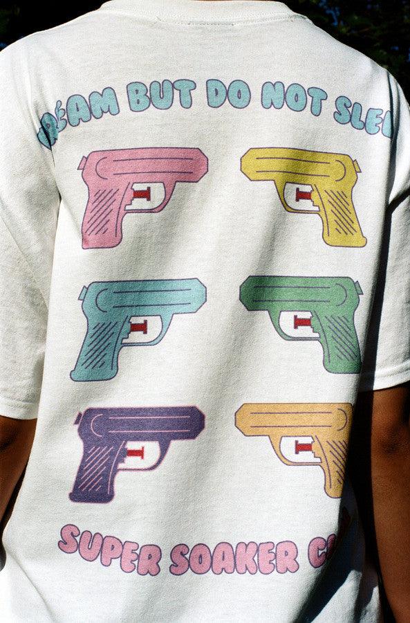 White Short Sleeved T-shirt With Super Soaker Print - Dreambutdonotsleep