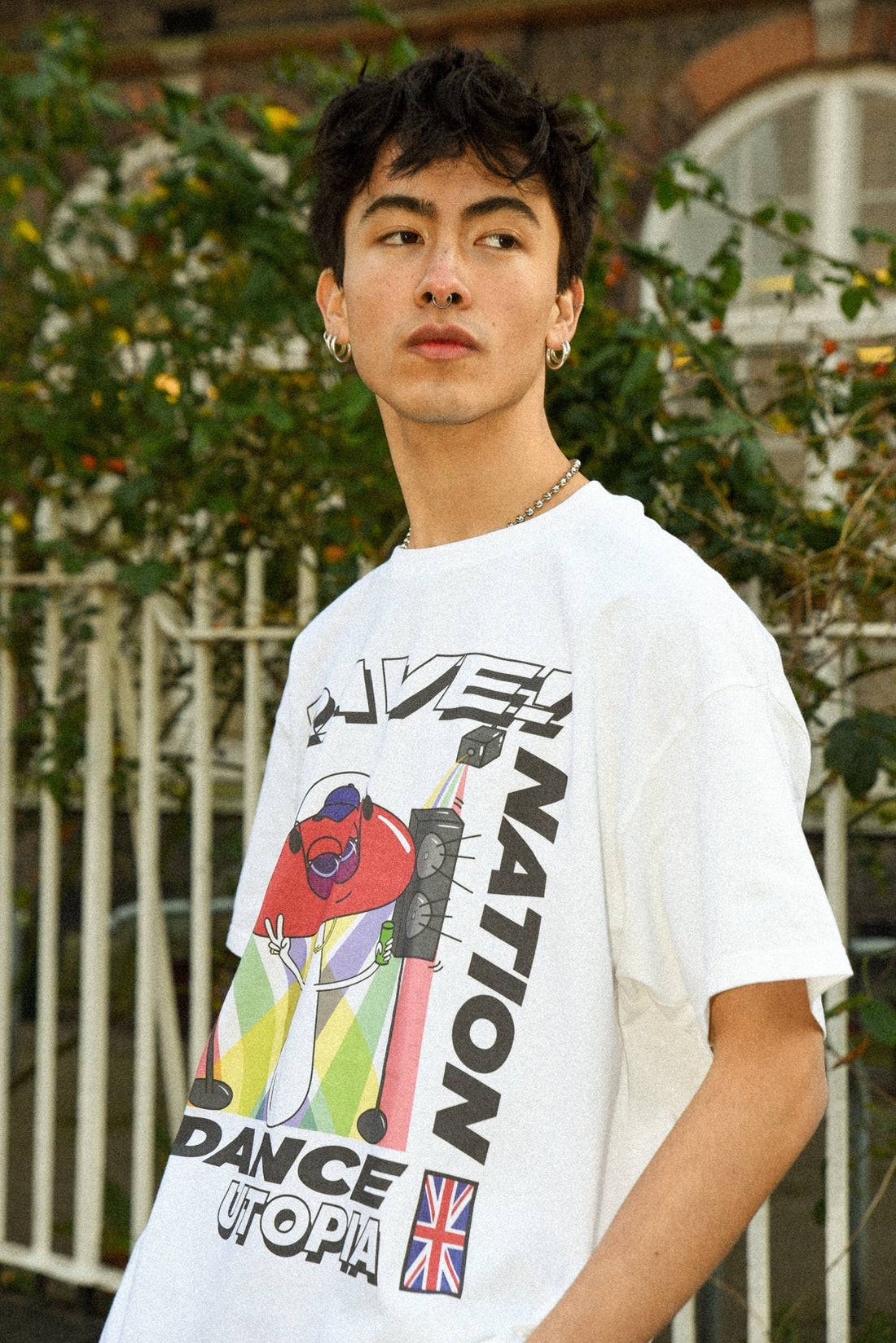 Short Sleeved T-shirt in White with Mushroom Rave Nation Print