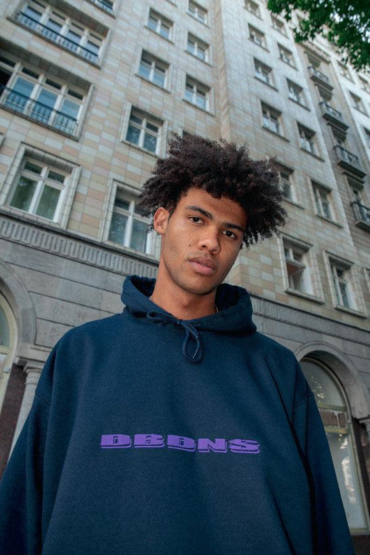 Hoodie in Navy with Purple Logo Embroidery