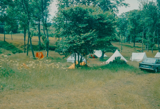 Camping tents are set up in a grassy field.