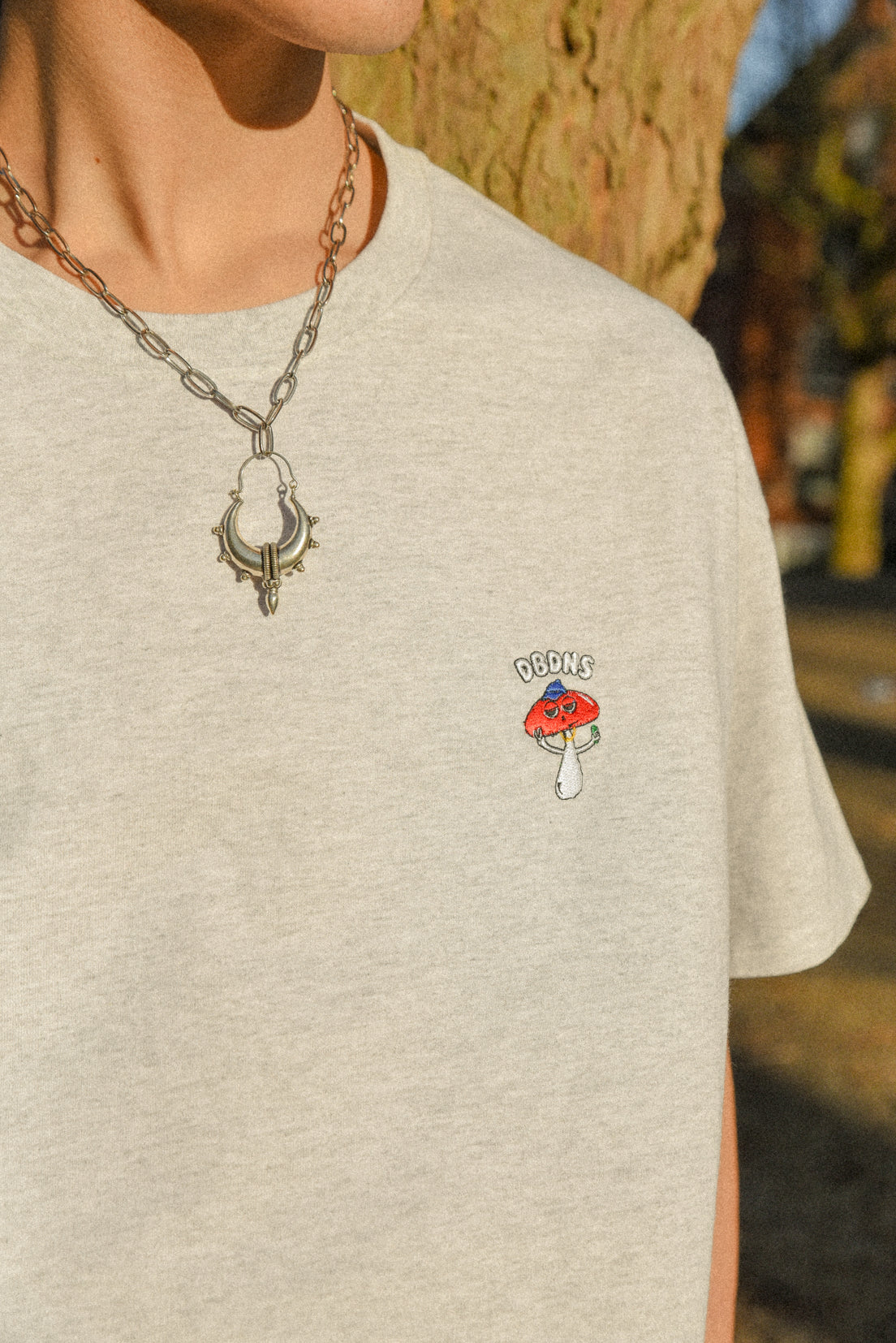 Short Sleeved T-shirt in Ash Grey with Sup Bro! Mushroom Embroidery