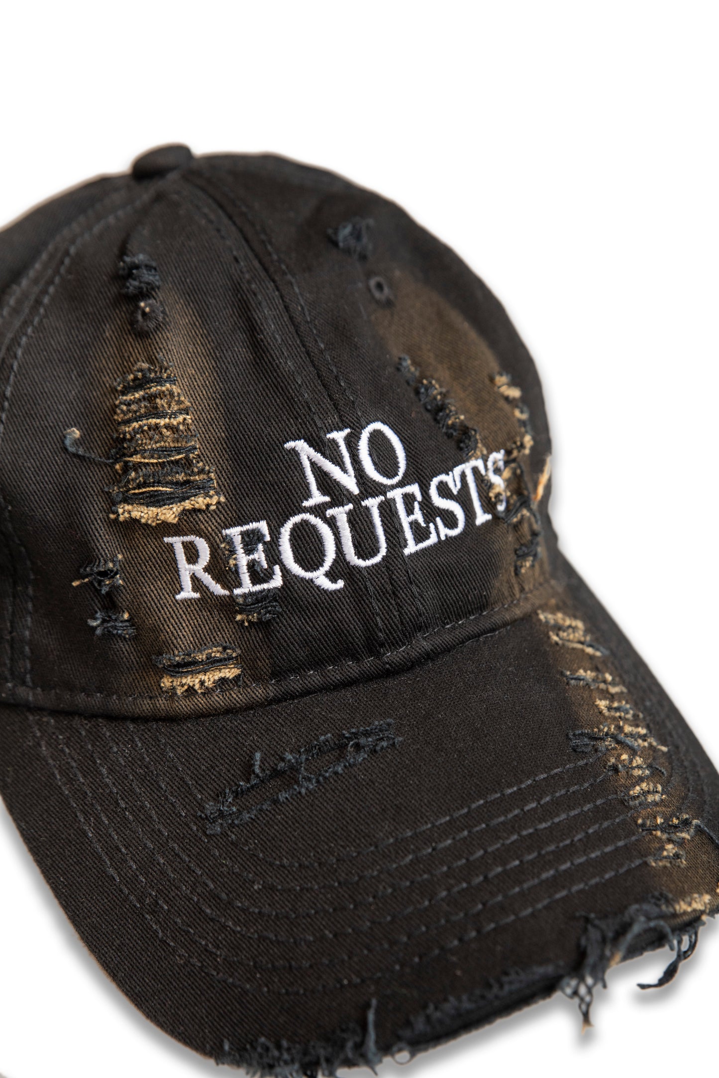 Distressed Cap with "No Requests" Embroidery - Black/Brown