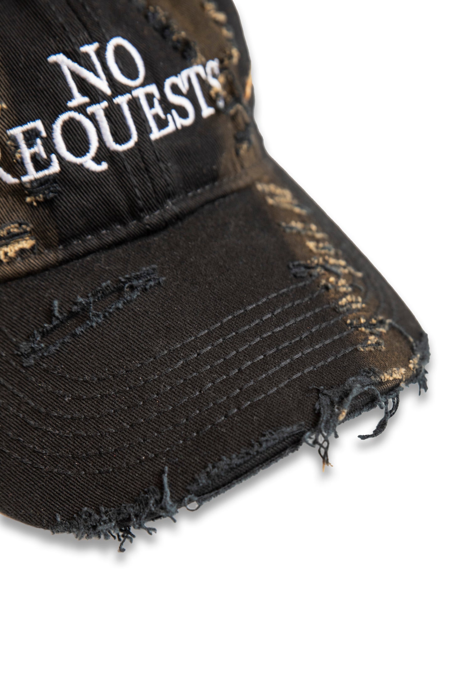 Distressed Cap with "No Requests" Embroidery - Black/Brown