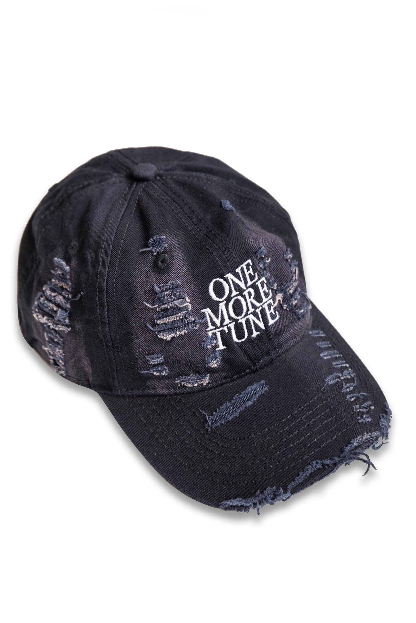 Distressed Cap with One More Tune Embroidery in Navy