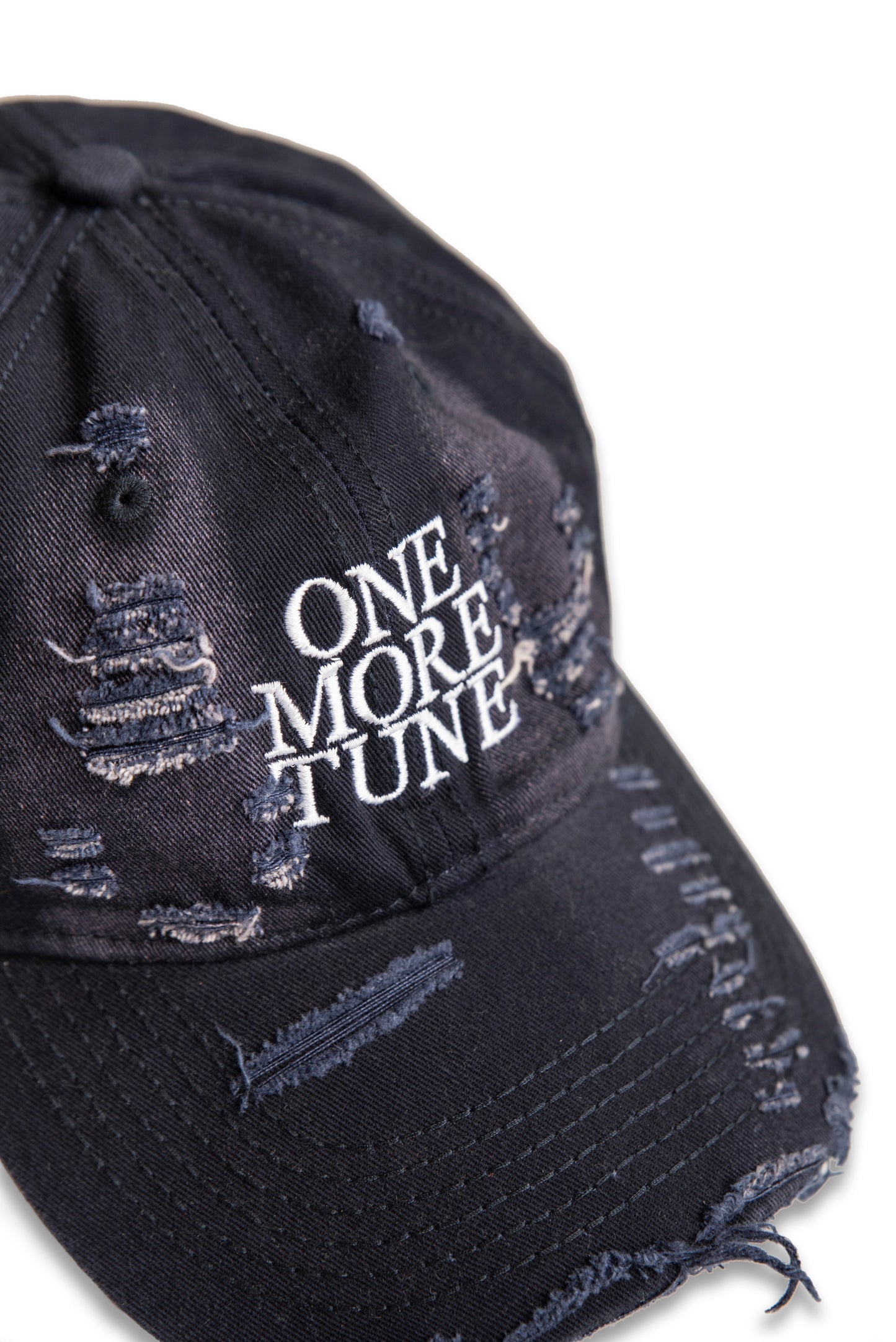 Distressed Cap with One More Tune Embroidery in Navy