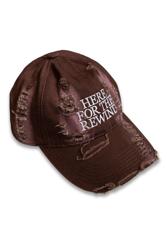 Distressed Cap with Here For The Rewind Embroidery
