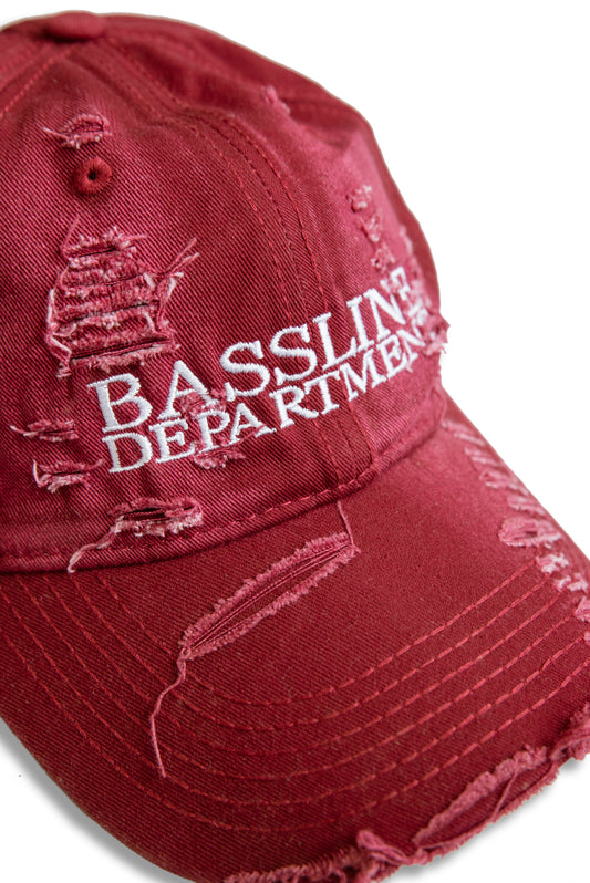 Distressed Cap with "Bassline Department" Embroidery - Red/Burgundy